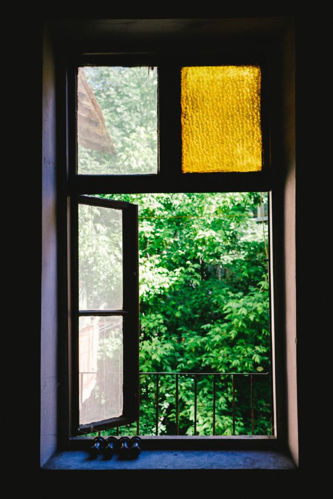 A photo of trees with green leaves viewed from inside a house, through an open window with a yellow stained-glass panel.
